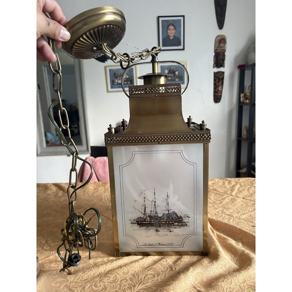 Rare Vtg 1950s Brass Nautical Lantern Lamp Charles W Morgan Whaler Glass Light
